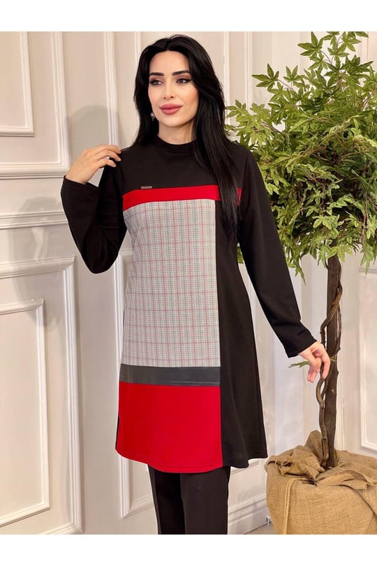 Ekose Bloklu Tunik 730-Siyan Kırmızı