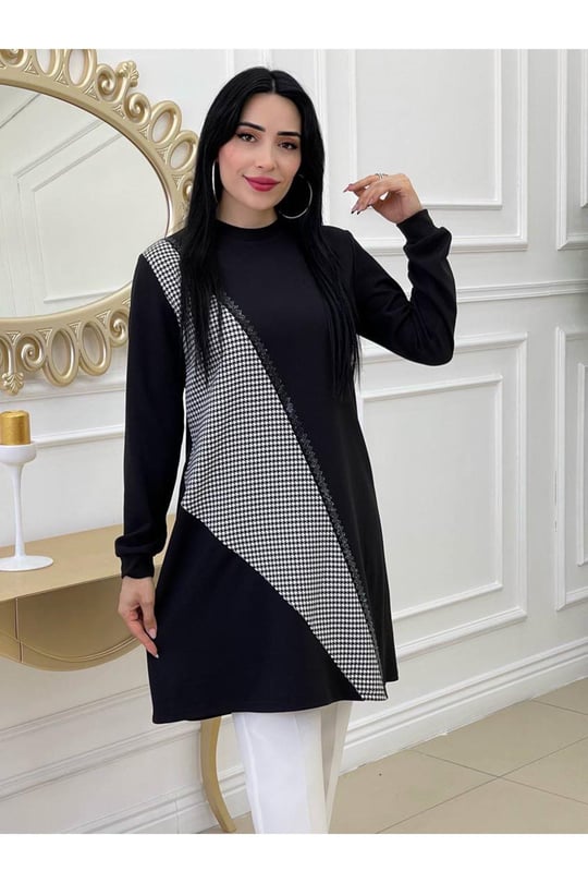 Ekose Şerit Taş Tunik-Siyah