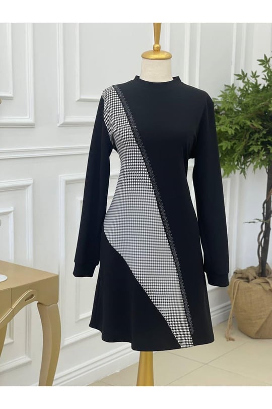 Ekose Şerit Taş Tunik-Siyah