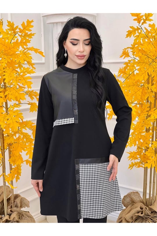 Ekose Taş Şerit Tunik 813-Siyah