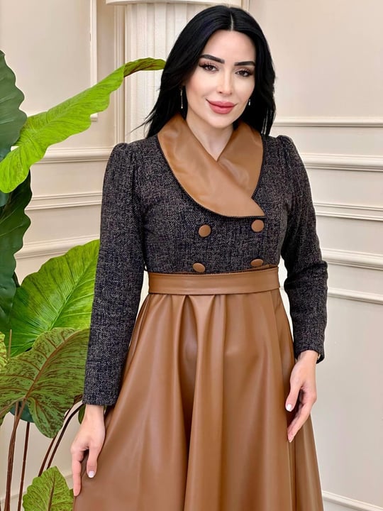Eteği Deri Çift Düğme Elbise 0411 t-24 Kahve-Taba