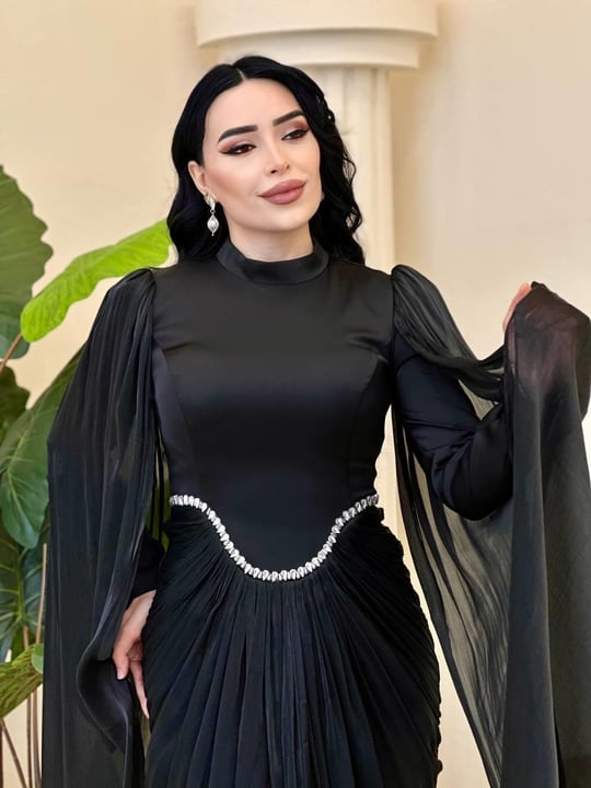 Eteği Drape Kol Pelerin Elbise 0711 T-25 Siyah