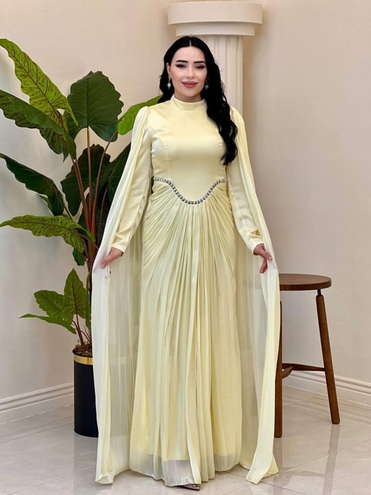 Eteği Drape Kol Pelerin Elbise 0711 T-25 Sarı