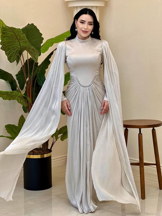 Eteği Drape Kol Pelerin Elbise 0711 T-25 Taş