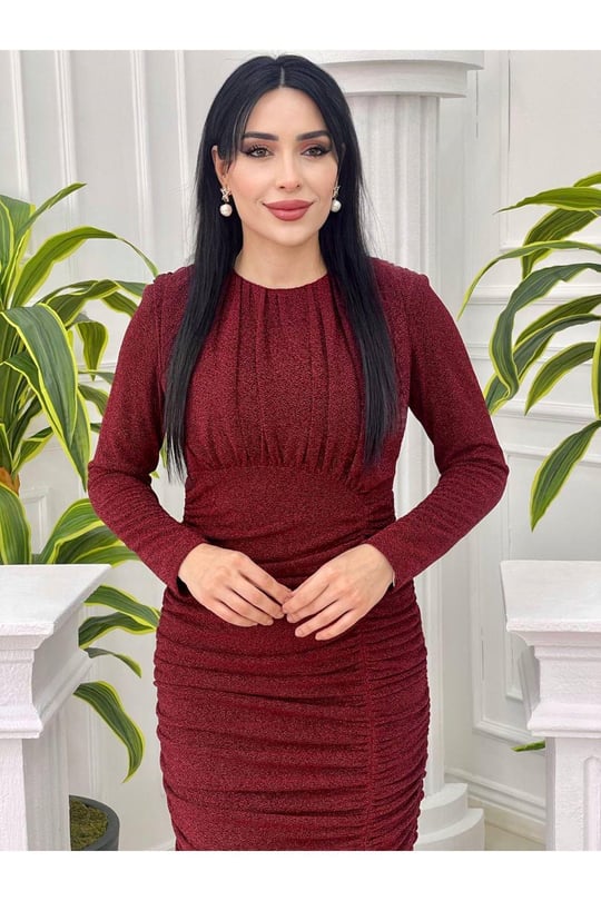 Eteği Drape Simli Elbise 2407-Bordo