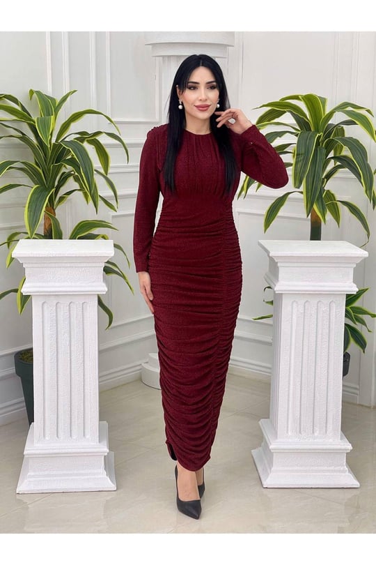 Eteği Drape Simli Elbise 2407-Bordo