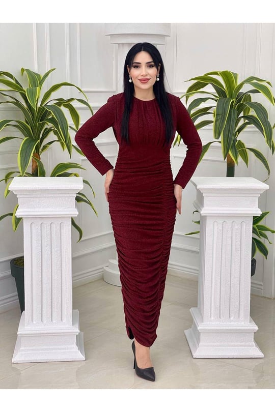 Eteği Drape Simli Elbise 2407-Bordo