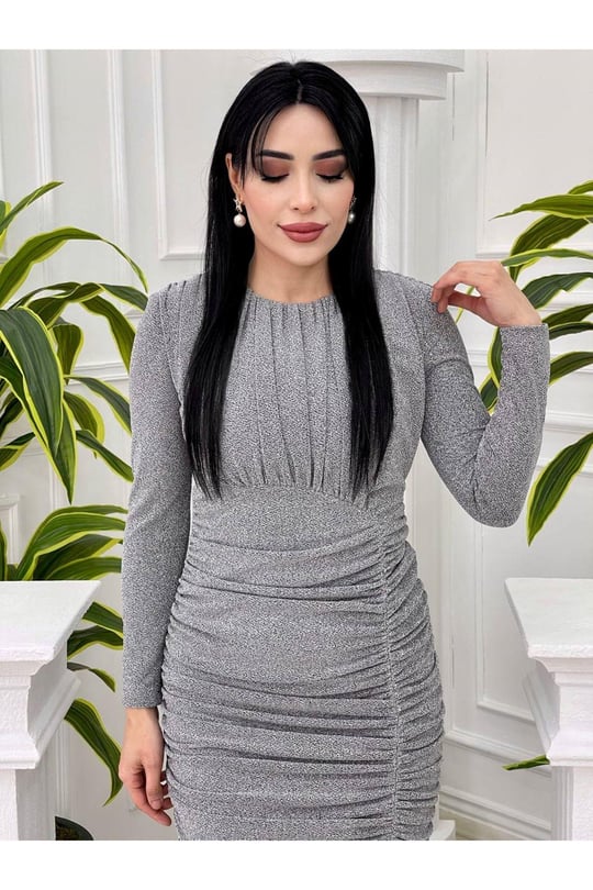 Eteği Drape Simli Elbise 2407-Gri