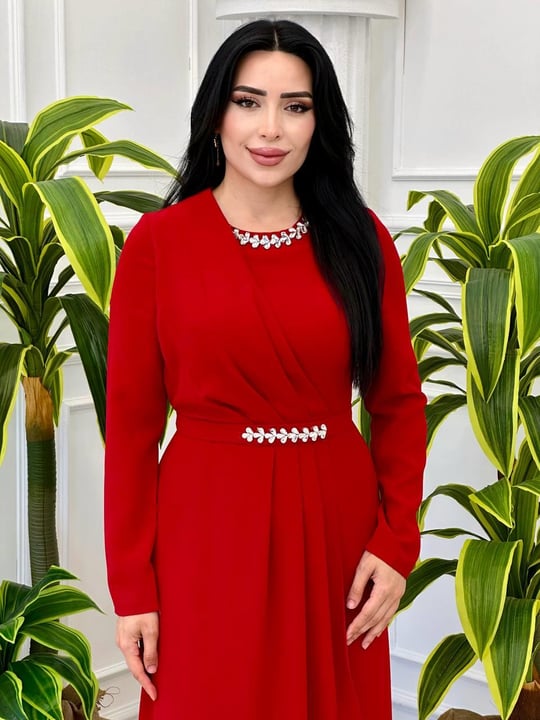 Etegi Kapaklı Krep Elbise 0656 t-24 Kırmızı