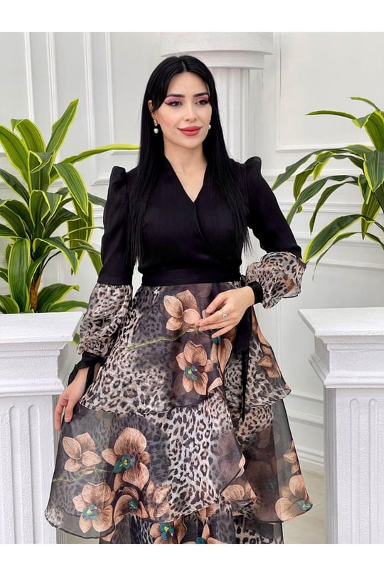 Eteği Kat Kat Çiçek Desen Elbise 3836-Kahverengi