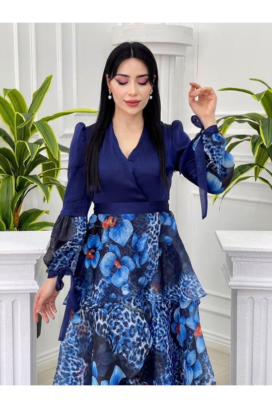 Eteği Kat Kat Çiçek Desen Elbise 3836-Mavi