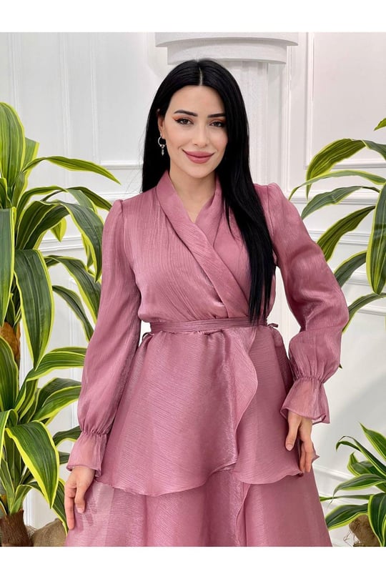 Eteği Katlı Jan Jan Elbise 3872-Rose