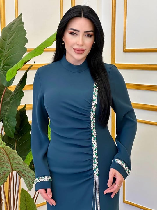 Eteği Saçaktaş Drape Elbise 3000 E-25 Zümrüt Yeşil