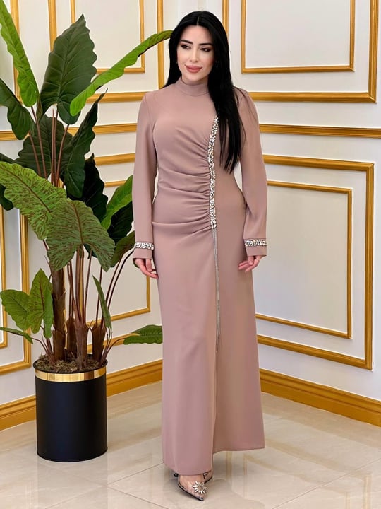 Eteği Saçaktaş Drape Elbise 3000 E-25 Bej