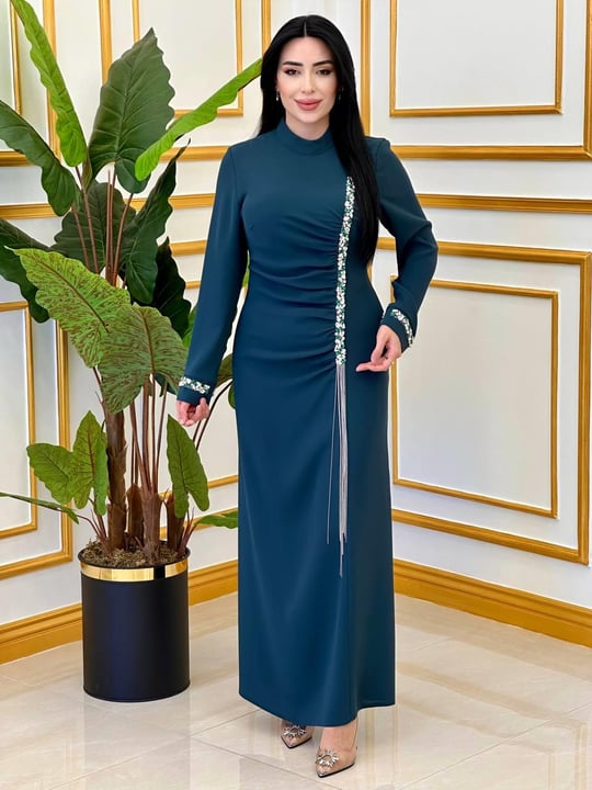 Eteği Saçaktaş Drape Elbise 3000 E-25 Zümrüt Yeşil