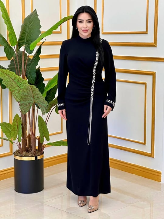 Eteği Saçaktaş Drape Elbise 3000 E-25 Siyah