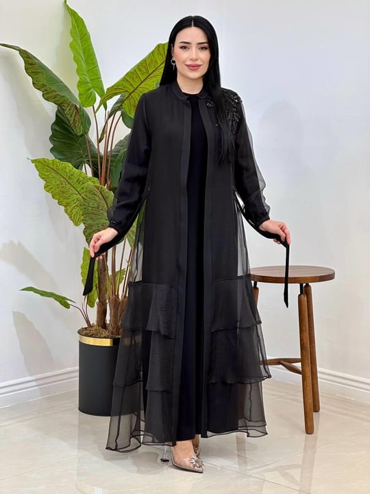 Eteği Volan Abaya Elbise 2131 T-25 Siyah