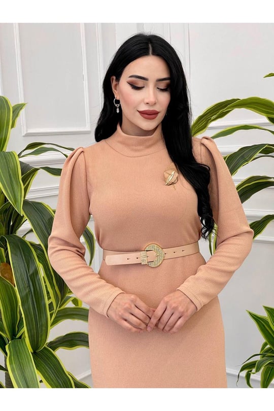 Eteği Volanlı Triko Elbise 1362-Bej