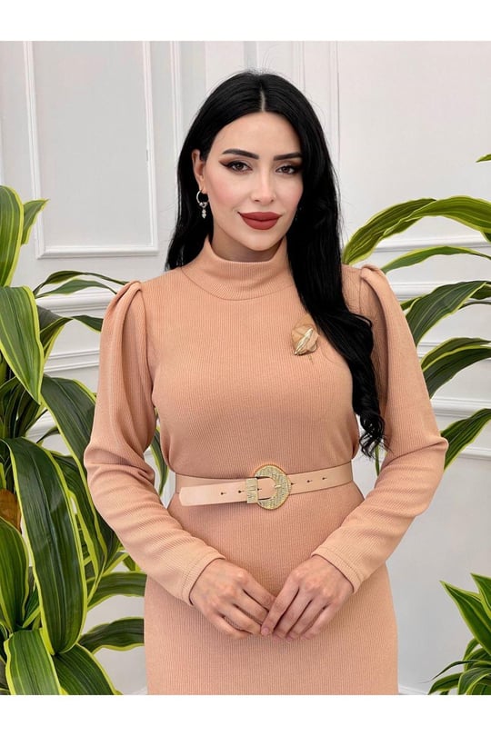 Eteği Volanlı Triko Elbise 1362-Bej