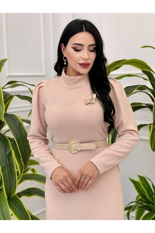 Eteği Volanlı Triko Elbise 1362-Taş