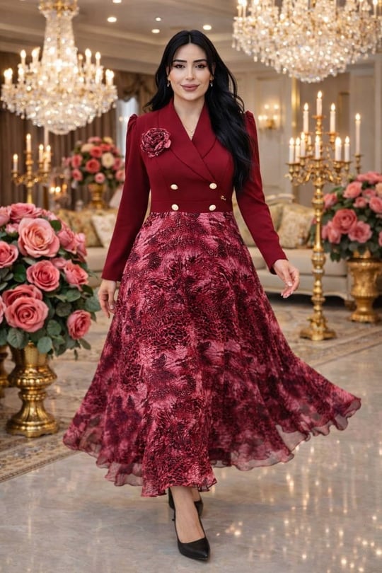 Etek Desen Ceket Görünümlü Elbise 7038 T-26 Bordo