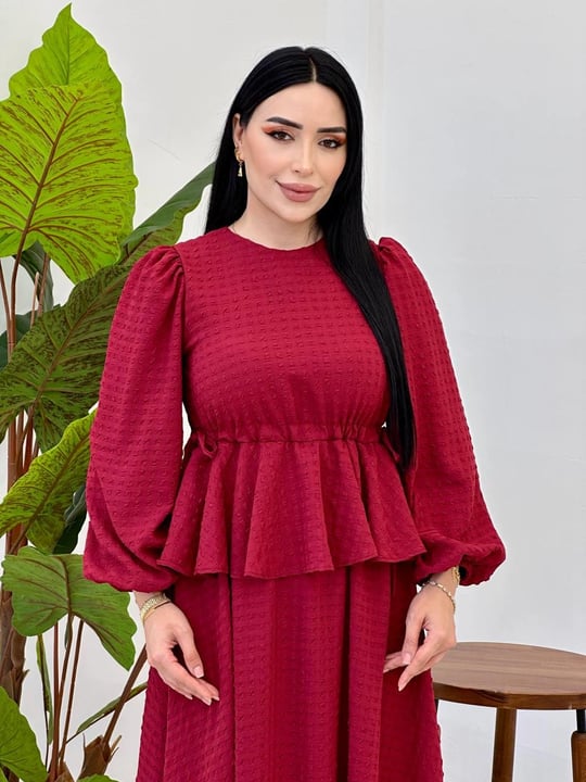 Etek Detaylı Göfre Elbise 9535 Bordo