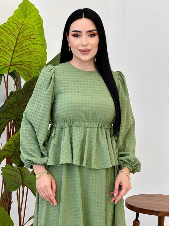 Etek Detaylı Göfre Elbise 9535 Yeşil