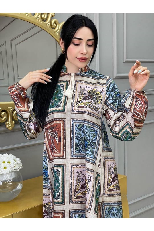 Etnik Desen Saten Tunik 9043-Bej