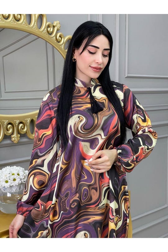 Etnik Desen Saten Tunik 9043-Mor