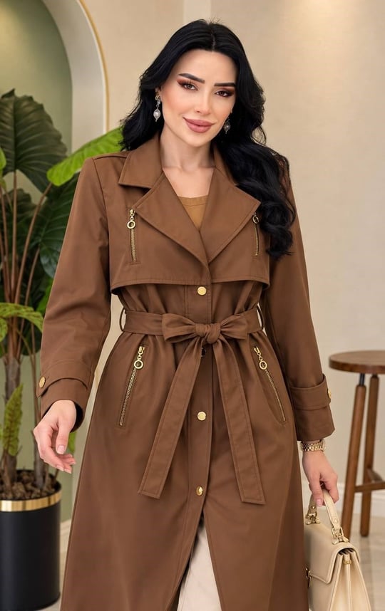 Fermuar Detay Çıtçıtlı Trenç 2673 T-26 Kahverengi