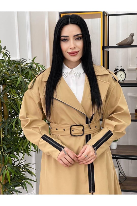 Fermuar Detay Trenchcoat Kap 15111-Bej