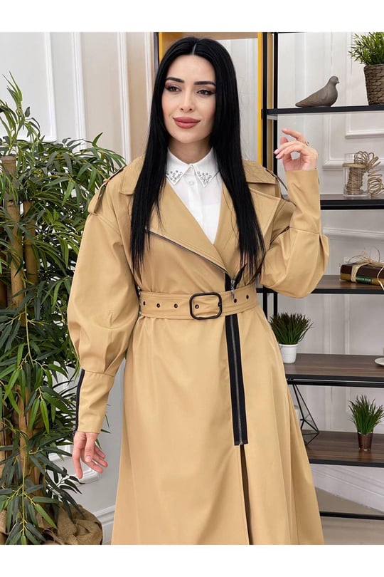 Fermuar Detay Trenchcoat Kap 15111-Bej