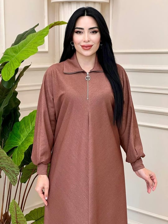 Fermuar Yakalı Simli Elbise 1479 t-24 Taba