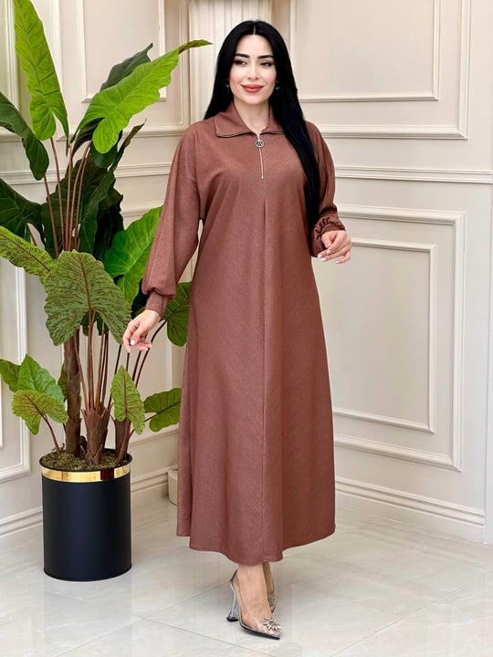 Fermuar Yakalı Simli Elbise 1479 t-24 Taba