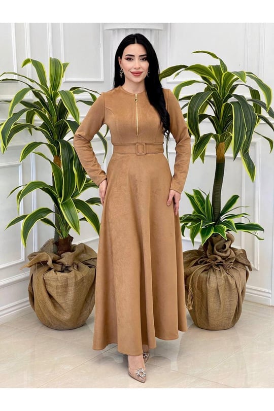 Fermuarlı Süet Elbise 3684-Camel