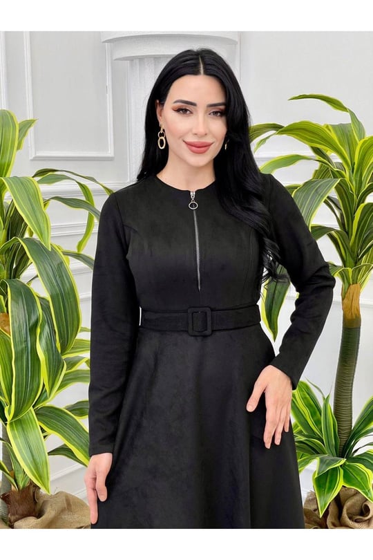 Fermuarlı Süet Elbise 3684-Siyah