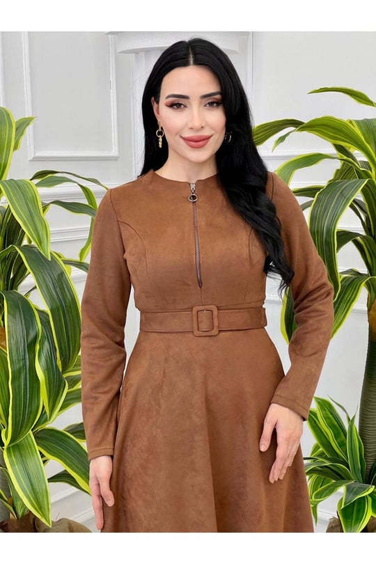 Fermuarlı Süet Elbise 3684-Taba