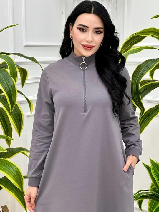 Fermuarlı Sweat Elbise 7639 Gri