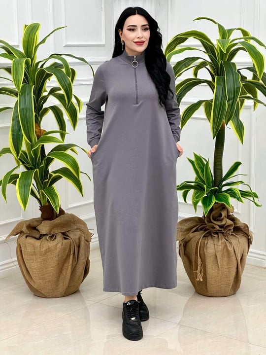 Fermuarlı Sweat Elbise 7639 Gri
