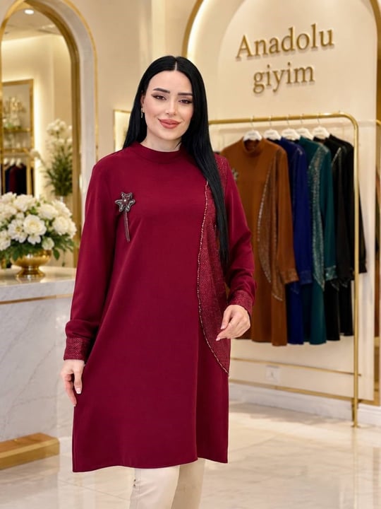 File Detay Broşlu Tunik 2234 T-26 Bordo