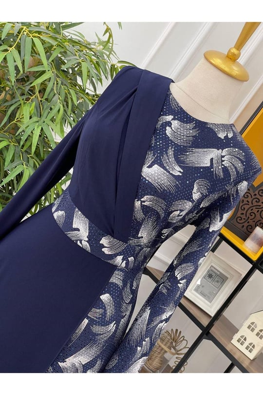 Fırça Payet Elbise 3067-Lacivert