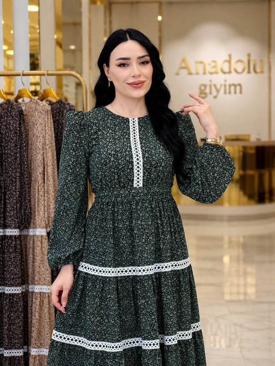 Fisto Şerit Cim Cim Çiçek Şifon Elbise 5329 T-26 Yeşil