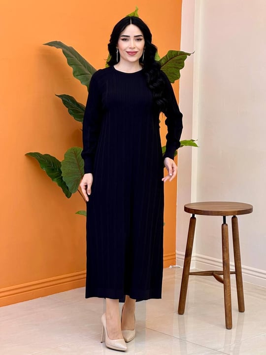 Fitilli Bisiklet Yaka Elbise 140309 T-25 Siyah