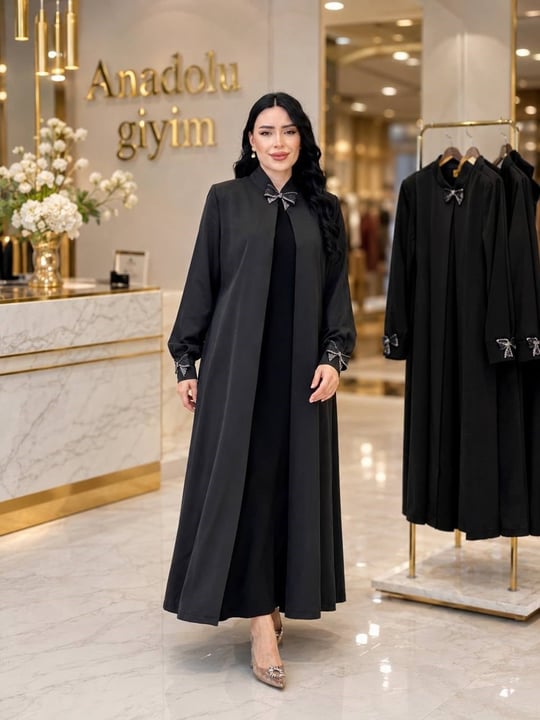 Fiyonk Detay İkili Abaya Elbise 6212 T-26 Siyah