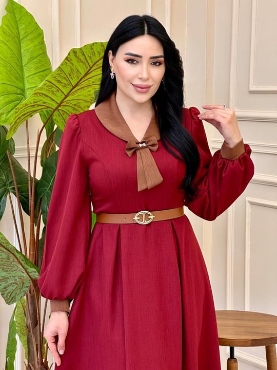 Fiyonklu Bebe Yaka Elbise 7057 e025 Bordo