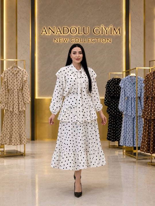 Fular Detay Puantiye Etekli Takım 1844 T-26 Beyaz