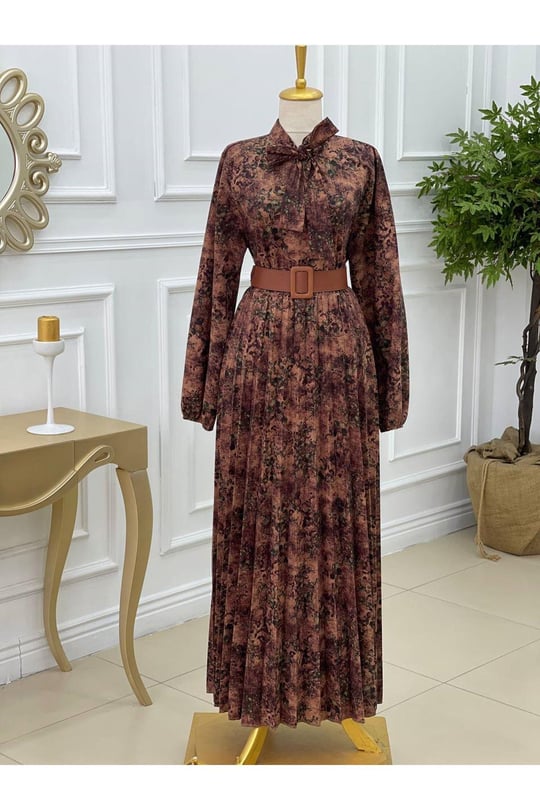 Fularlı Elbise 1087-Taba
