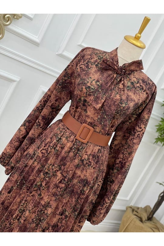 Fularlı Elbise 1087-Taba