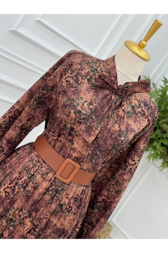 Fularlı Elbise 1087-Taba