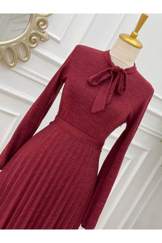 Fularlı Örme Elbise 3198-Bordo